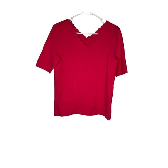 Scalloped Neckline Ribbed Short Sleeve Top Pink - Picture 1 of 3
